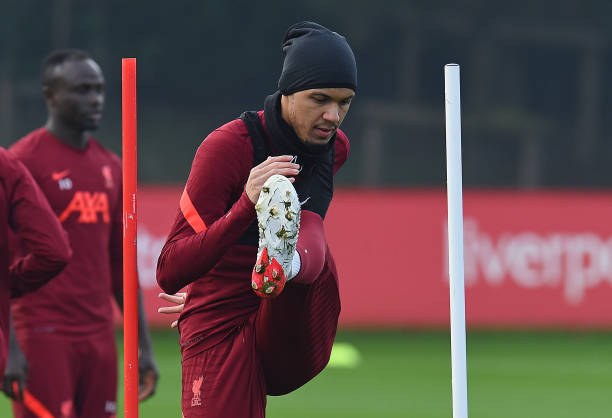 Fabinho of Liverpool during a training session at AXA Training Centre on December 24, 2021 in Kirkby, England.