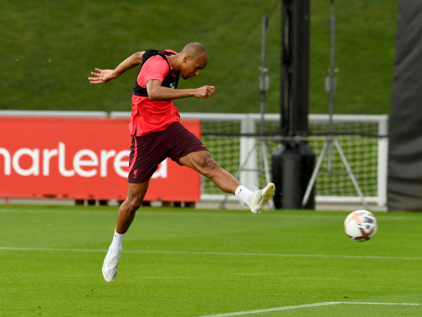 Fabinho of Liverpool during a training session at AXA Training Centre on August 04, 2022 in Kirkby, England.