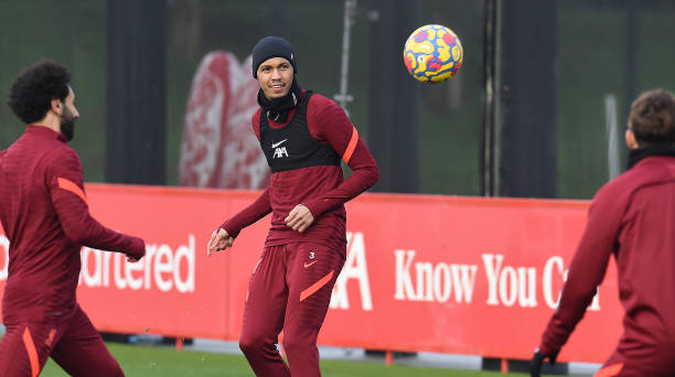 Fabinho of Liverpoolduring a training session at AXA Training Centre on December 24, 2021 in Kirkby, England.