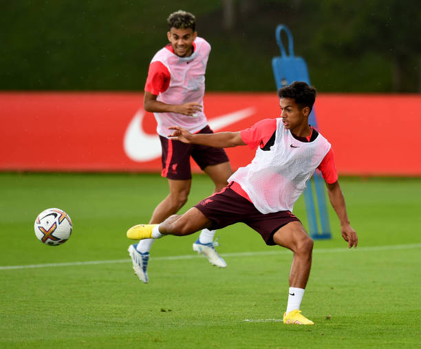 Fabio Carvalho of Liverpool during a training session at AXA Training Centre on August 04, 2022 in Kirkby, England.