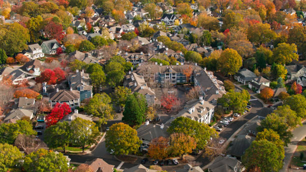 fall colors in residential neighborhood aerial picture