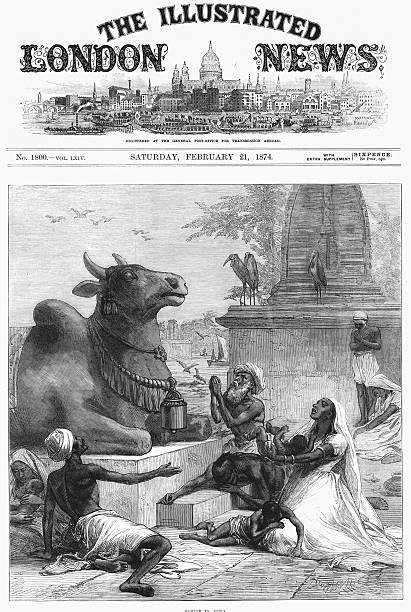 Famine in Bengal, India. Praying to Nandi for relief. Nandi, devotee of Shiva, took the form of a bull. Stone statue of a bull outside temple...