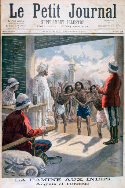 Famine in India, 1897. An illustration from Le Petit Journal, 7th February 1897. Starving locals begging for food at a British Army post.