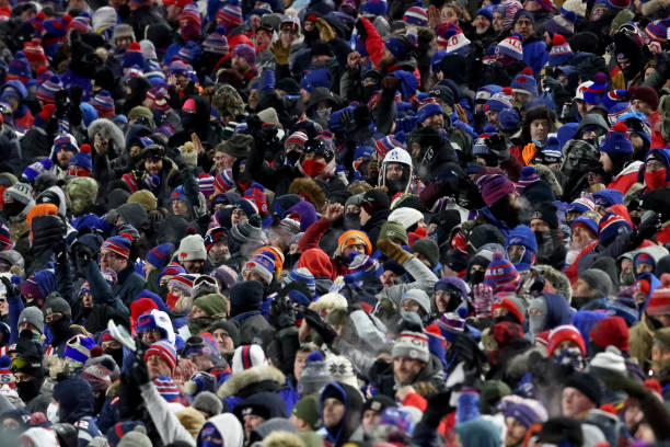Fans during the second quarter of a game between the Buffalo Bills and the New England Patriots at Highmark Stadium on January 15, 2022 in Buffalo,...