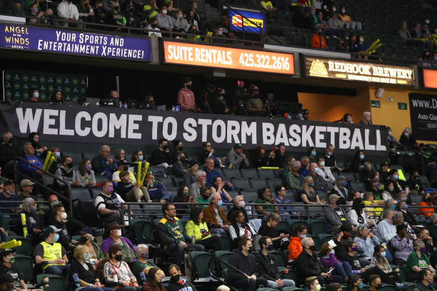 Fans watch play during a game between Dallas Wings and the Seattle Storm at Angel of the Winds Arena on June 06, 2021 in Everett, Washington....
