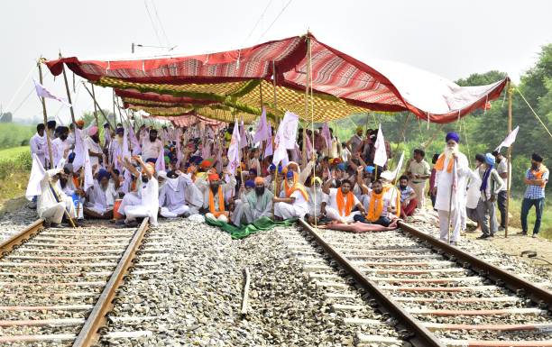 Farmers set up a camp to occupy a railway track as a part of Kisan Mazdoor Sangharsh Committee's Punjab's call for 'Rail Roko' agitation against the...