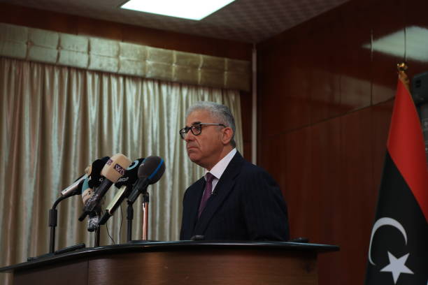 Fathi Bashagha, Prime Minister-designate by the eastern-based Libyan House of Representatives in Tobruk, makes a statement during a press conference...