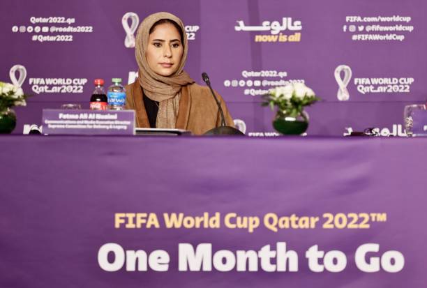 Fatma Al Nuaimi, Communications Executive Director of Supreme Committee for Delivery & Legacy attends the press conference held by FIFA in Doha,...