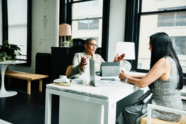 female financial advisor in discussion with mature female business owner at desk in office - moveis de escritorio - fotografias e filmes do acervo
