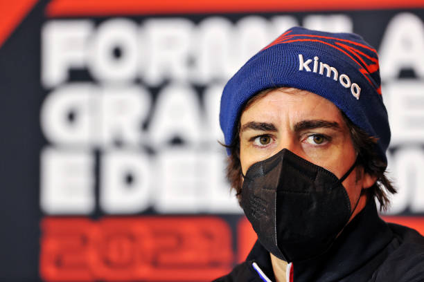 Fernando Alonso of Spain and Alpine F1 Team talks in a Drivers Press Conference during previews ahead of the F1 Grand Prix of Emilia Romagna at...