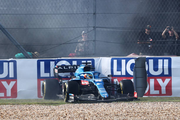 Fernando Alonso of Spain driving the Alpine A521 Renault crashes during practice ahead of the F1 Grand Prix of USA at Circuit of The Americas on...