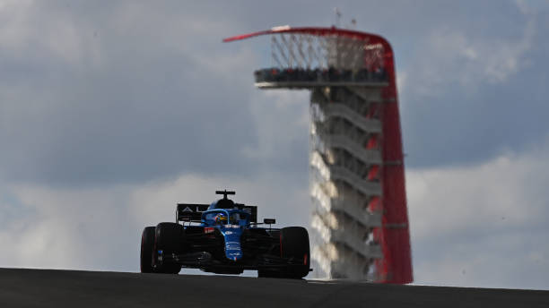 Fernando Alonso of Spain driving the Alpine A521 Renault during final practice ahead of the F1 Grand Prix of USA at Circuit of The Americas on...