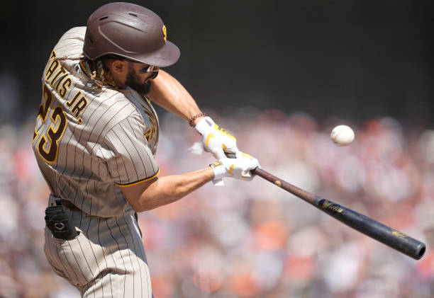 Fernando Tatis Jr. #23 of the San Diego Padres bats against the San Francisco Giants in the top of the first inning at Oracle Park on October 02,...