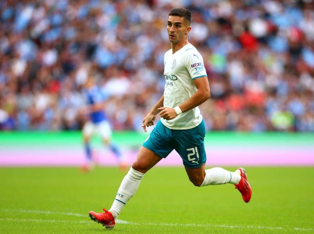 Ferran Torres of Manchester City in action during the The FA Community Shield between Manchester City and Leicester City at Wembley Stadium on August...