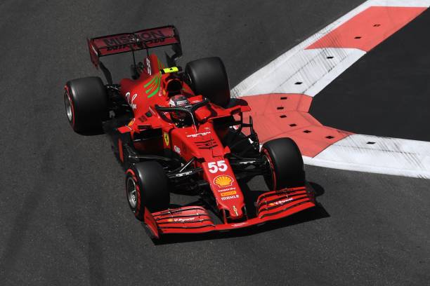 Ferrari's Spanish driver Carlos Sainz Jr steers his car during the third practice session ahead of the Formula One Azerbaijan Grand Prix at the Baku...
