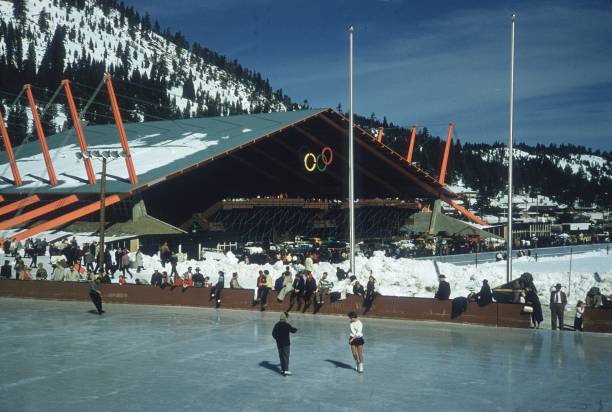 Figure skating practice in the rink at the Winter Olympics in Squaw Valley, California.