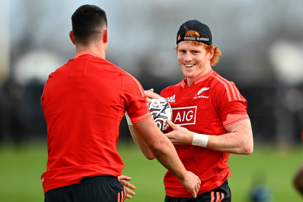 AUCKLAND, NEW ZEALAND - JUNE 25: Finlay Christie runs through drills during a New Zealand All Blacks training session at Bruce Pulman Park on June 25, 2021 in Auckland, New Zealand. (Photo by Hannah Peters/Getty Images)