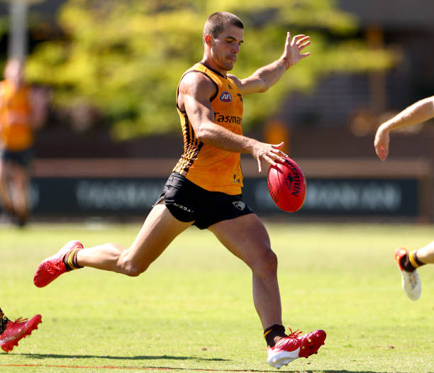 Finn Maginness of the Hawks in action during the Hawthorn Hawks AFL intra club match at Waverley Park on February 17, 2022 in Melbourne, Australia.