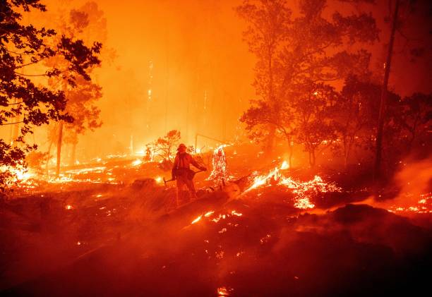 Firefighter works the scene as flames push towards homes during the Creek fire in the Cascadel Woods area of unincorporated Madera County, California...