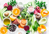 Five best vitamins for beautiful skin. Products with vitamins A, B, C, E, K - broccoli, sweet potatoes, orange, avocado, spinach, peppers, olive oil, dairy, beets, cucumber, beens. Flat lay, top view