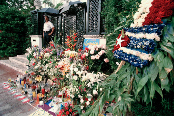 Floral tributes after the murder of Italian fashion designer Gianni Versace outside his Miami Beach home, Florida, July 1997.