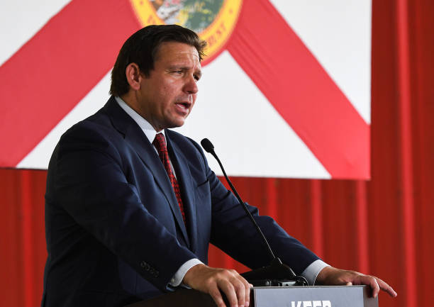 Florida Gov. Ron DeSantis speaks to supporters at a campaign stop on the Keep Florida Free Tour at the Horsepower Ranch in Geneva. DeSantis faces...