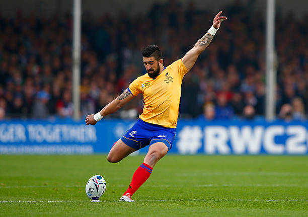 EXETER, ENGLAND - OCTOBER 11: Florin Vlaicu of Romania kicks a penalty during the 2015 Rugby World Cup Pool D match between Italy and Romania at Sandy Park on October 11, 2015 in Exeter, United Kingdom. (Photo by Shaun Botterill/Getty Images)