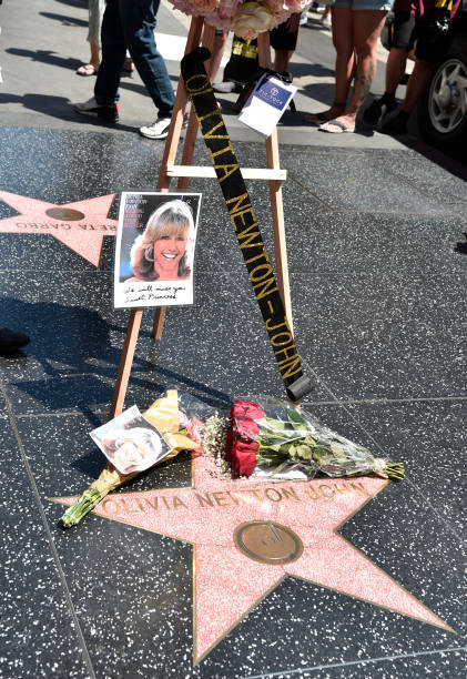 Flowers are placed on Olivia Newton-John's Hollywood Walk of Fame star on August 08, 2022 in Hollywood, California.