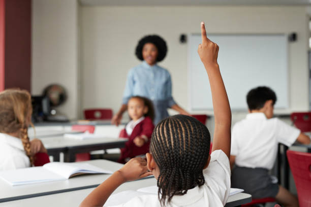 focus on schoolgirls raised hand in classroom with teacher picture