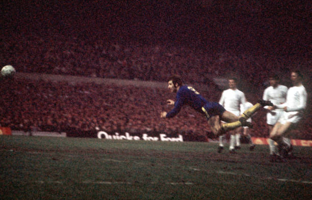 Football, 1970 FA Cup Final Replay, Old Trafford, 29th April Chelsea 2 v Leeds United 1, Chelsea's Peter Osgood scores his side's first goal with a...
