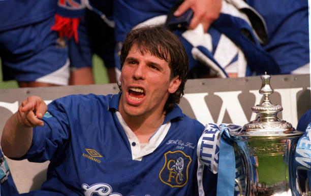 Football, 1997 FA Cup Final, Wembley, 17th May Chelsea 2 v Middlesbrough 0, Chelsea's Gianfranco Zola celebrates with the trophy after the...
