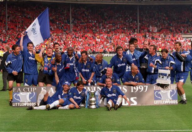 Football, 1997 FA Cup Final, Wembley, 17th May Chelsea 2 v Middlesbrough 0, The victorious Chelsea team celebrate with the FA Cup trophy after the...