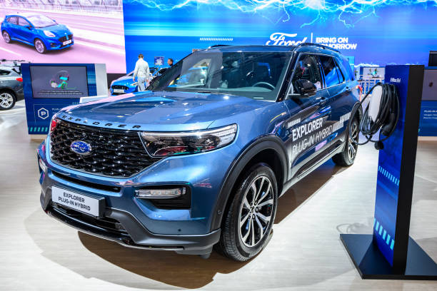 Ford Explorer Hybrid SUV on display at Brussels Expo on January 9, 2020 in Brussels, Belgium. The Ford Explorer Hybrid combines a 3.0-liter EcoBoost...