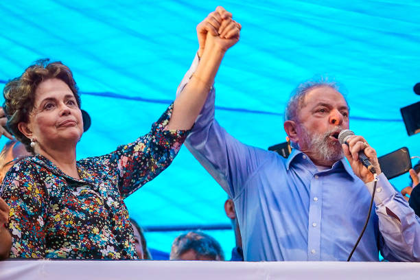 TOPSHOT Former Brazilian president Dilma Rousseff gestures and Luiz Inacio Lula da Silva speaks during a demonstration at the state of Rio de Grande...