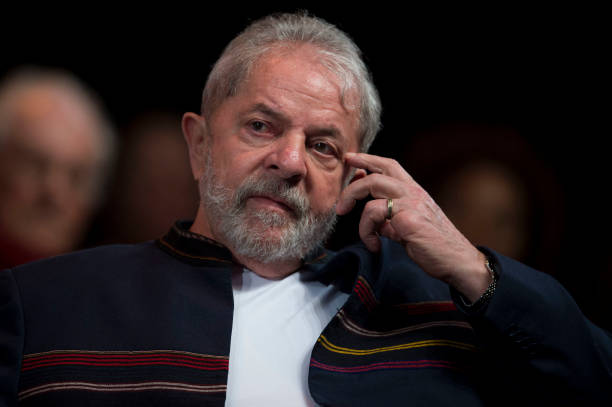 Former Brazilian president Luiz Inacio Lula da Silva reacts during a meeting with intellectuals at Oi Casa Grande Theater in Rio de Janeiro Brazil on...