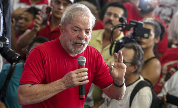 Former Brazilian president Luiz Inacio Lula da Silva speaks during a rally with supporters at the Metallurgical Union in Sao Bernardo do Campo Sao...