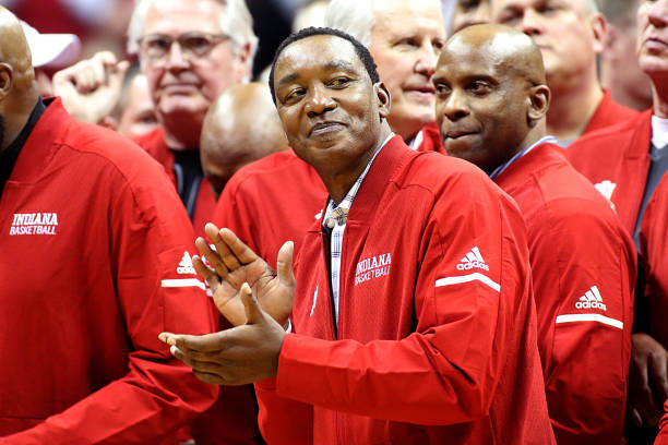 Former Indiana Hoosiers player Isaiah Thomas on the court at half time during the game the against the Purdue Boilermakers at Assembly Hall on...