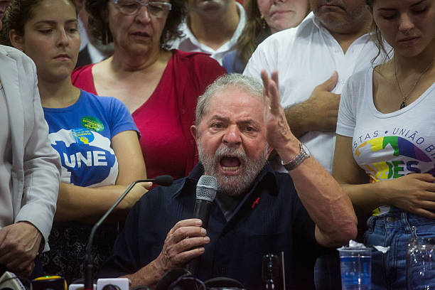 Former President of Brazil Luiz Inacio Lula da Silva speaks during a press conference at the Partido dos Trabalhadores headquarters on March 4 in Sao...