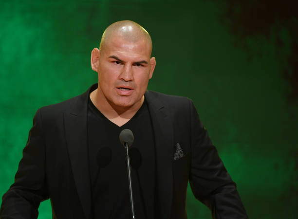 Former UFC heavyweight champion Cain Velasquez speaks at a WWE news conference at T-Mobile Arena on October 11, 2019 in Las Vegas, Nevada. Velasquez...
