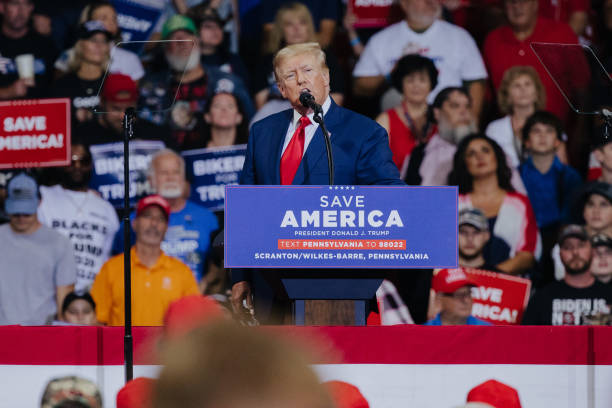 Former US President Donald Trump speaks during a rally in Wilkes-Barre, Pennsylvania, US, on Saturday, Sept. 3, 2022. Trump used a Pennsylvania rally...