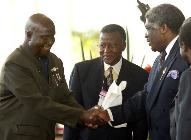 Former Zambian President Kenneth Kaunda the only living African leader from the opening of the Organisation of African Unity 39 years ago greets...