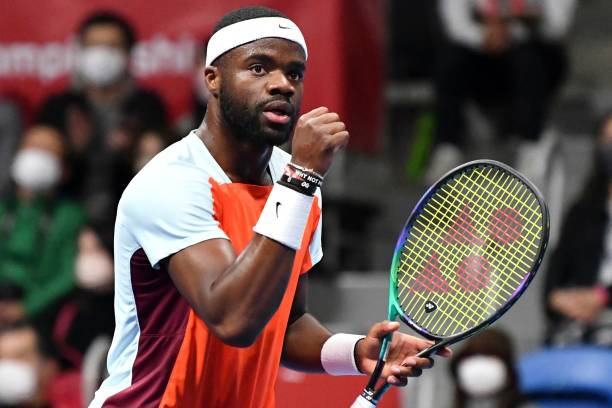 Frances Tiafoe of the US reacts during his men's singles quarter-final match against Miomir Kecmanovic of Serbia at the Japan Open tennis tournament...