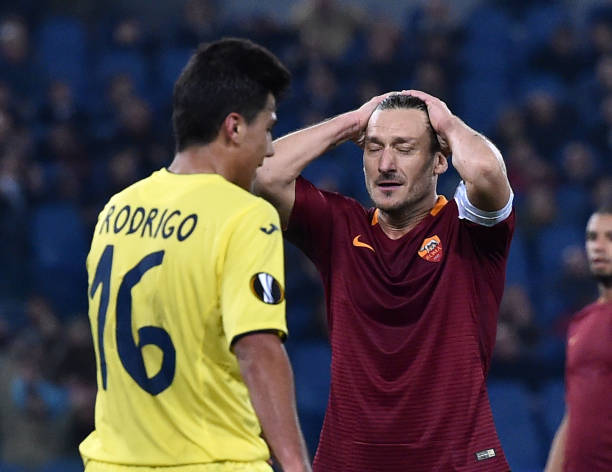 Francesco Totti of AS Roma reacts during the UEFA Europa League Round of 32 second leg match between AS Roma and FC Villarreal at Stadio Olimpico on...