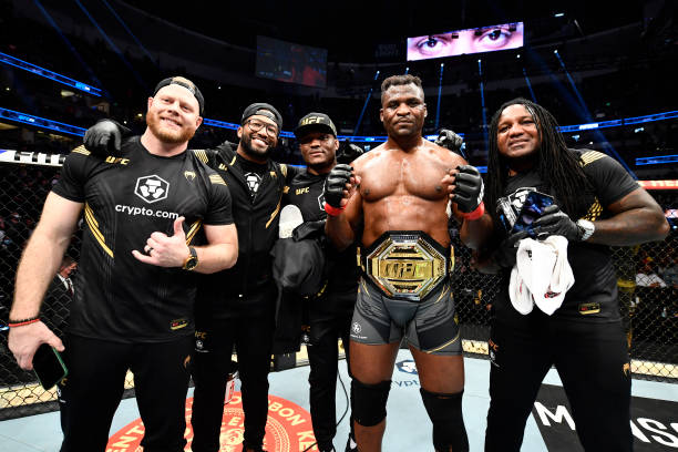 Francis Ngannou of Cameroon celebrates after his victory over Ciryl Gane of France in their UFC heavyweight championship fight during the UFC 270...