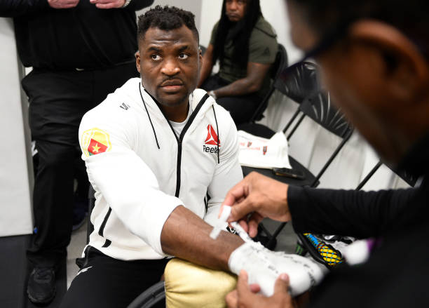 Francis Ngannou of Cameroon has his hands wrapped prior to his fight during the UFC 260 event at UFC APEX on March 27, 2021 in Las Vegas, Nevada.