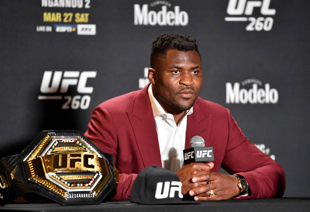 Francis Ngannou of Cameroon interacts with media after his victory over Stipe Miocic during the UFC 260 event at UFC APEX on March 27, 2021 in Las...