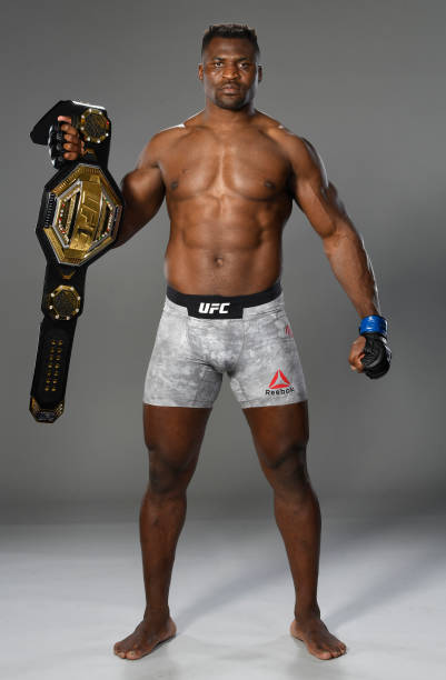 Francis Ngannou of Cameroon poses for a portrait after his victory during the UFC 260 event at UFC APEX on March 27, 2021 in Las Vegas, Nevada.