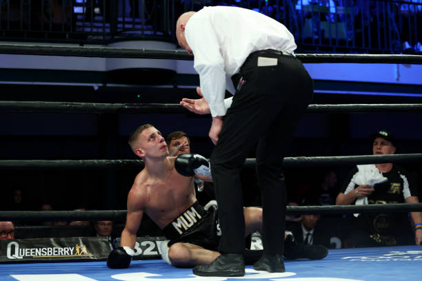 Frank Arnold reacts after being knocked down by Brayan Mairena during the Super Featherweight fight between Frank Arnold and Brayan Mairena at York...