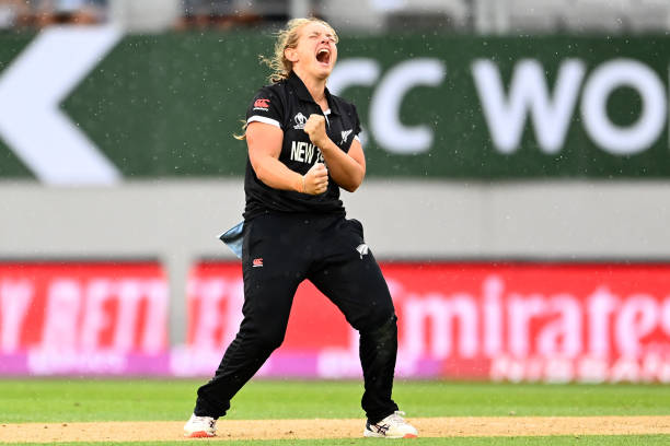 Frankie Mackay of New Zealand celebrates after taking the wicket of Sophie Ecclestone of England during the 2022 ICC Women's Cricket World Cup match...