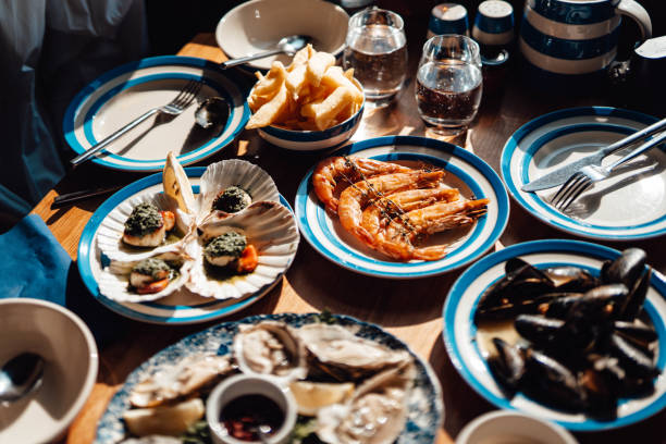 fresh seafood served on the dining table in restaurant picture
